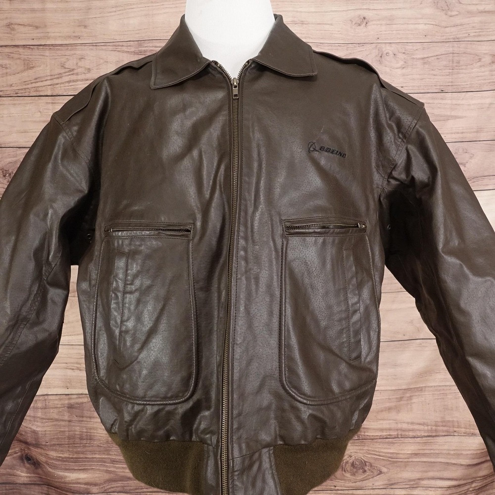 Boeing Jacket Mens L Brown Leather Bomber Flight Lined Full Zip Logo Pockets